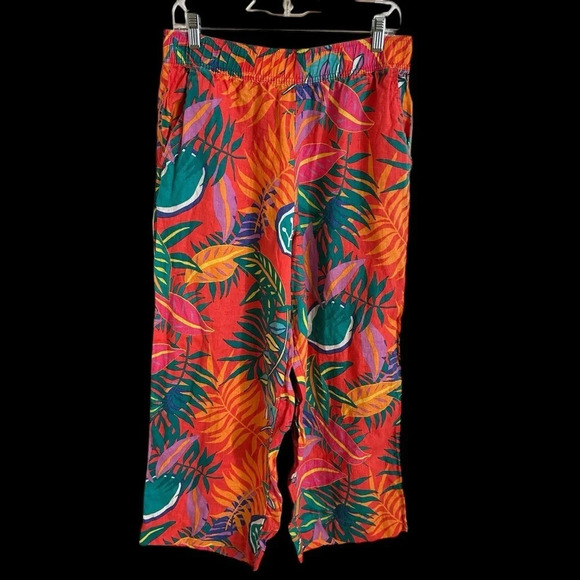 C&C California women’s Large 100% Linen Tropical Print Wide Leg Pants Pull On L - Picture 1 of 4